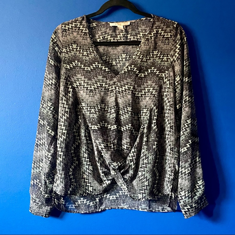 Forever 21 Sheer Funky Purple Chevron Gathered Front Long-Sleeve Blouse